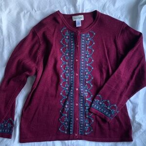 Garver Studio cardigan sweater size 1X, burgundy, embroidery detail, long sleeve
